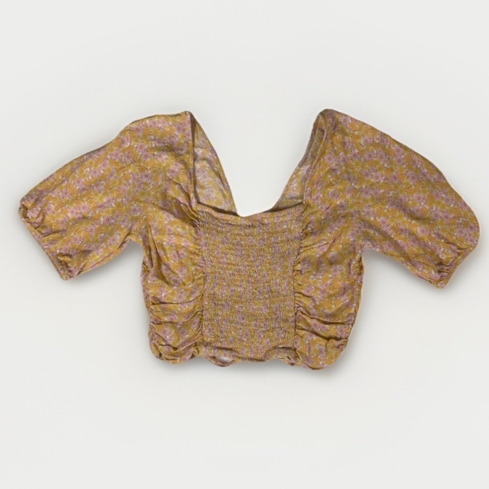 H&M Floral Ruched Crop Top Womens Medium Yellow Pink Cottagecore Boho Festival - Picture 2 of 14